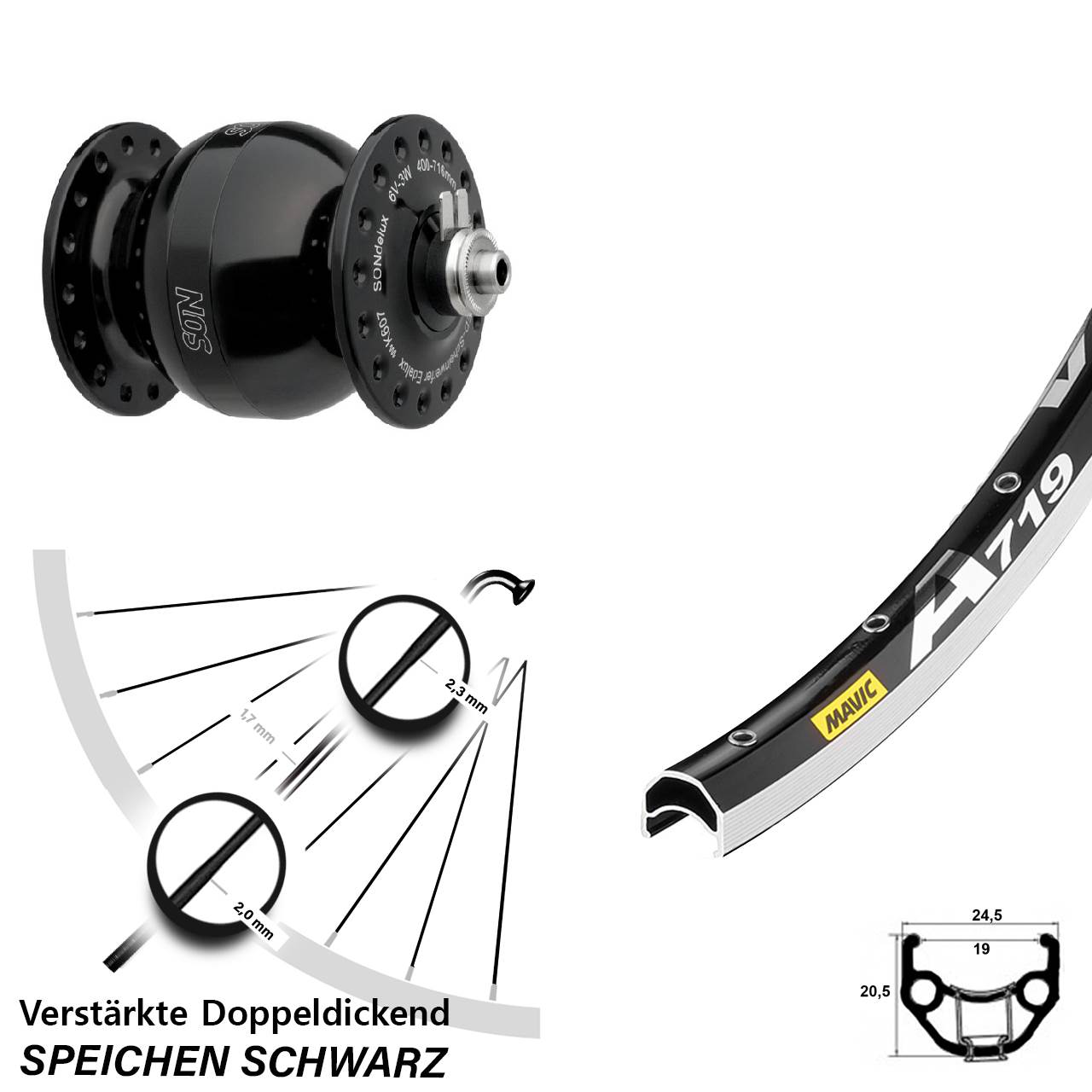 SON delux wide body Mavic A 719 28 Zoll Nabendynamovorderrad QR
