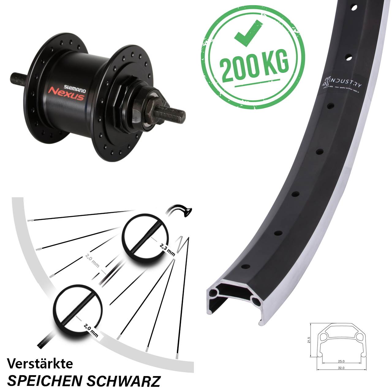 KX Industry Vorderrad 26 Zoll Shimano Nexus DH-C3000-1N Nabendynamo Vollachse