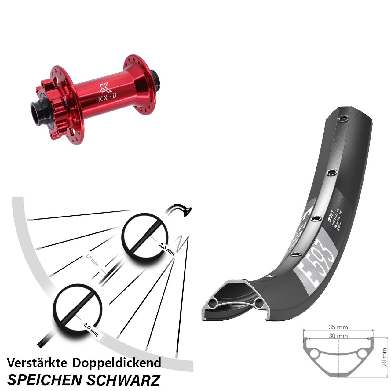 Boost 6-Loch Vorderrad 15x110 27,5 Zoll DT Swiss E 593 KX-B rot