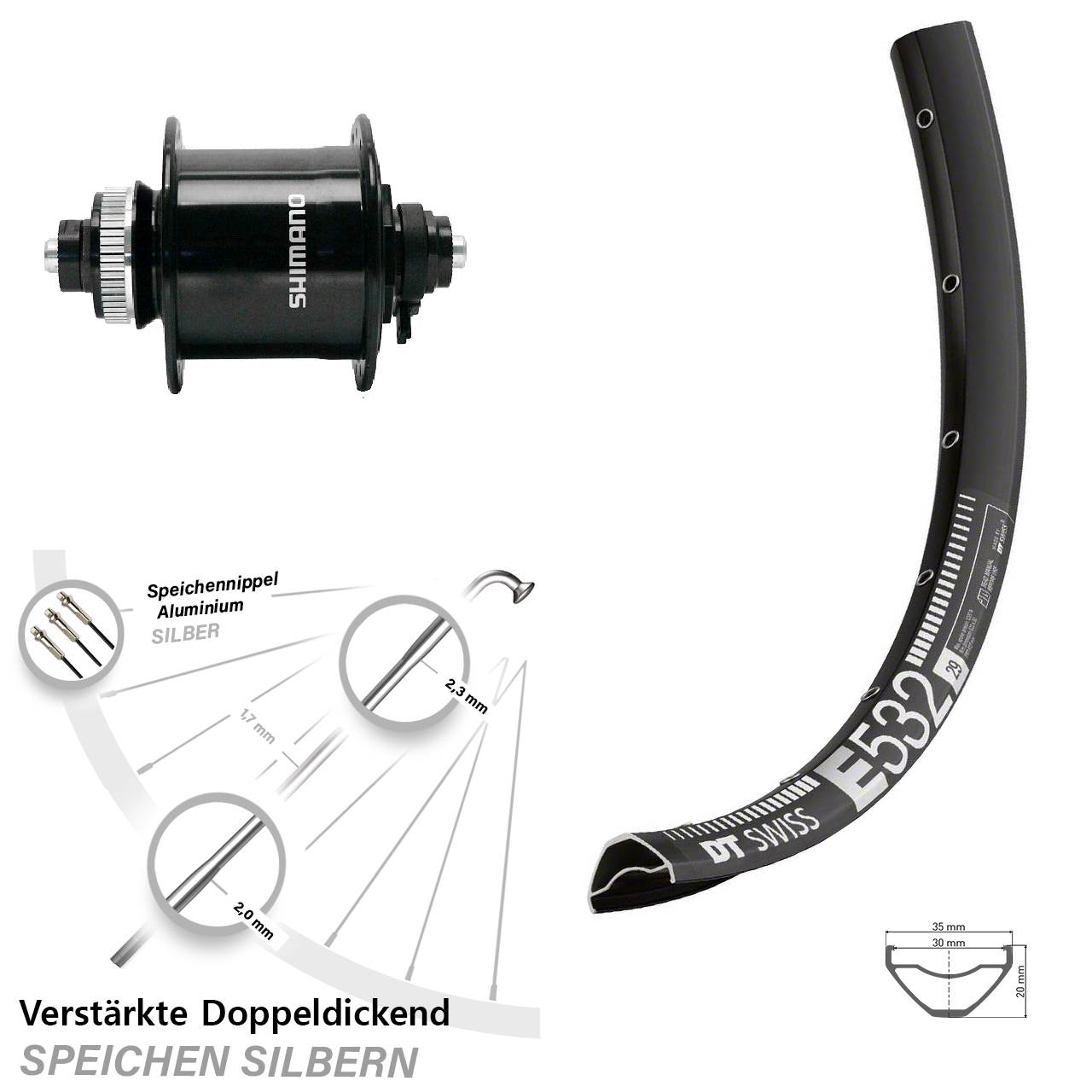 Centerlock Vorderrad mit Dynamo 29 Zoll DT Swiss E532 Shimano DH-UR700-3D QR