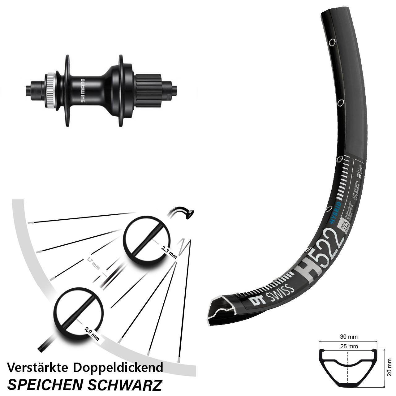 28 Zoll DT Swiss H 522 Shimano FH-MT500 Laufrad für Schnellspanner Micro Spline