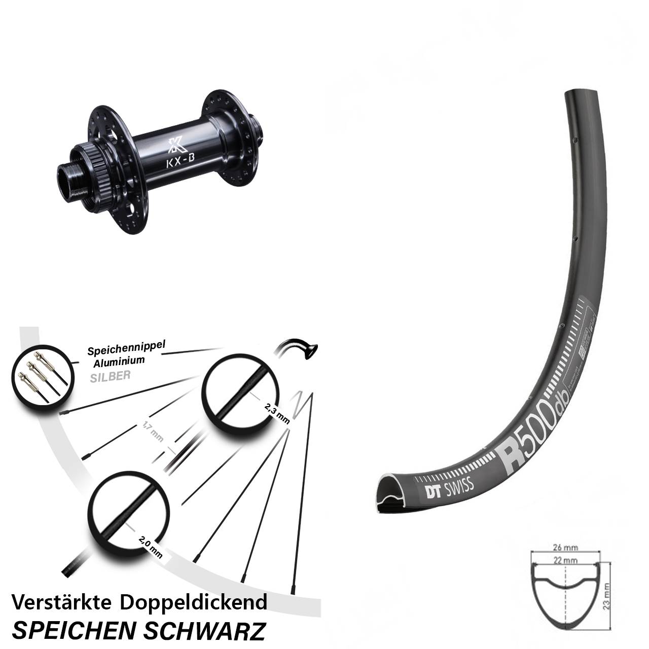 KX-B Boost 12x110 mm DT Swiss R 500 Vorderrad 28 Zoll verstärkt Road Disc