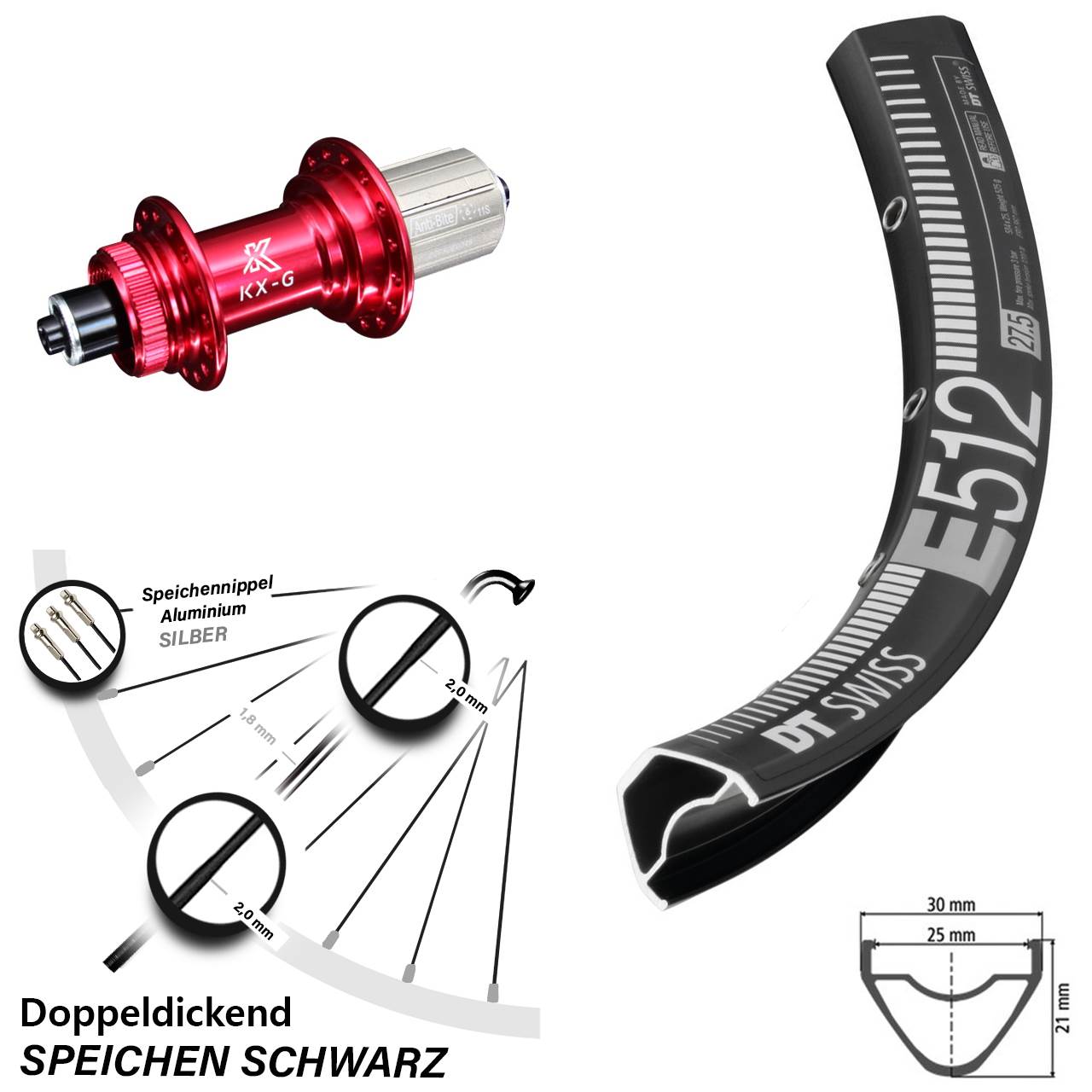 DT Swiss E 512 27,5 Zoll Hinterrad KX-G rot 8-12 fach