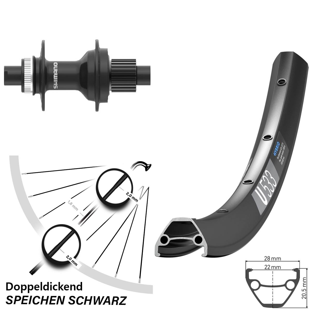 Disc Hinterrad 12x142 27,5 Zoll DT Swiss U533 Shimano FH-MT410 Shimano Micro Spline