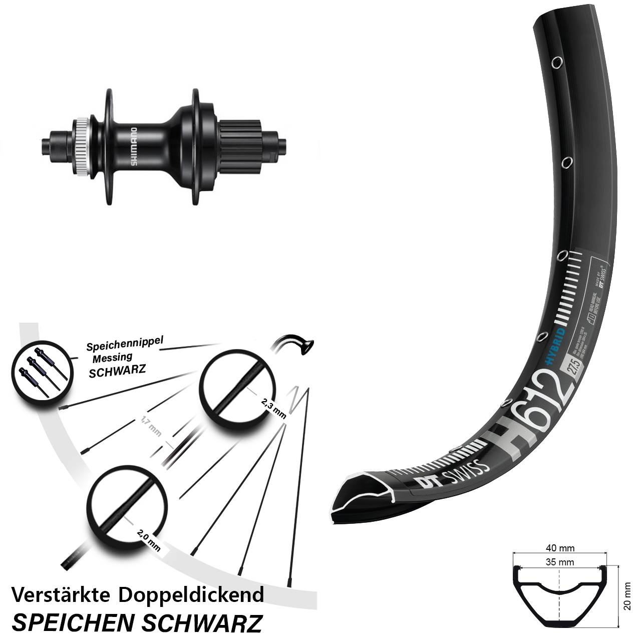 DT Swiss H 612 Shimano MT500 27,5 Zoll Laufrad für Schnellspanner Micro Spline