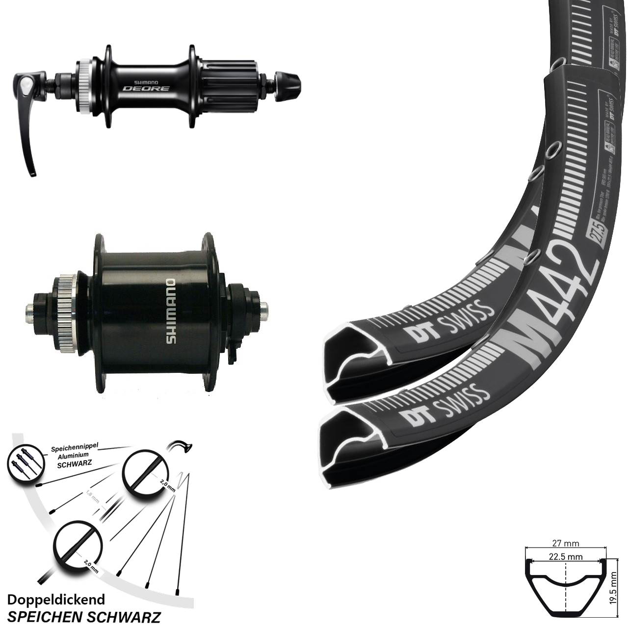 28-29 Zoll DT Swiss M 442 Shimano DH-UR700-3D-Deore Laufrad-Satz QR 8-11 fach HG
