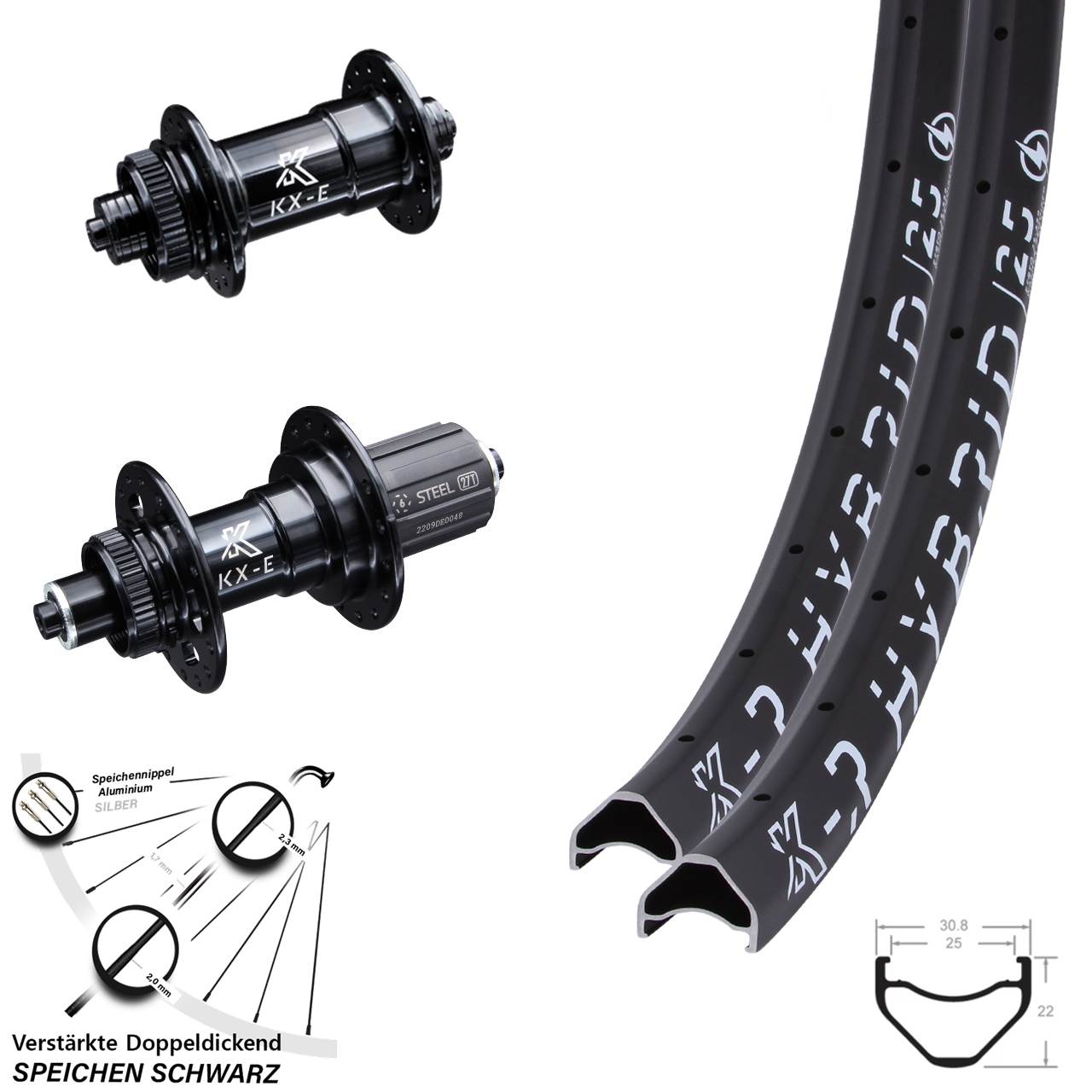 E-Bike Laufradsatz 29 Zoll KX-ER Hybrid 25 verstärkt QR 100x135 mm Centerlock 8-12 fach