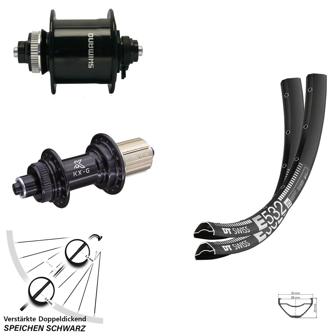 Disc Laufradsatz 29 Zoll DT Swiss E532 KX-G Shimano DH-UR700-3D 8-12 fach HG QR