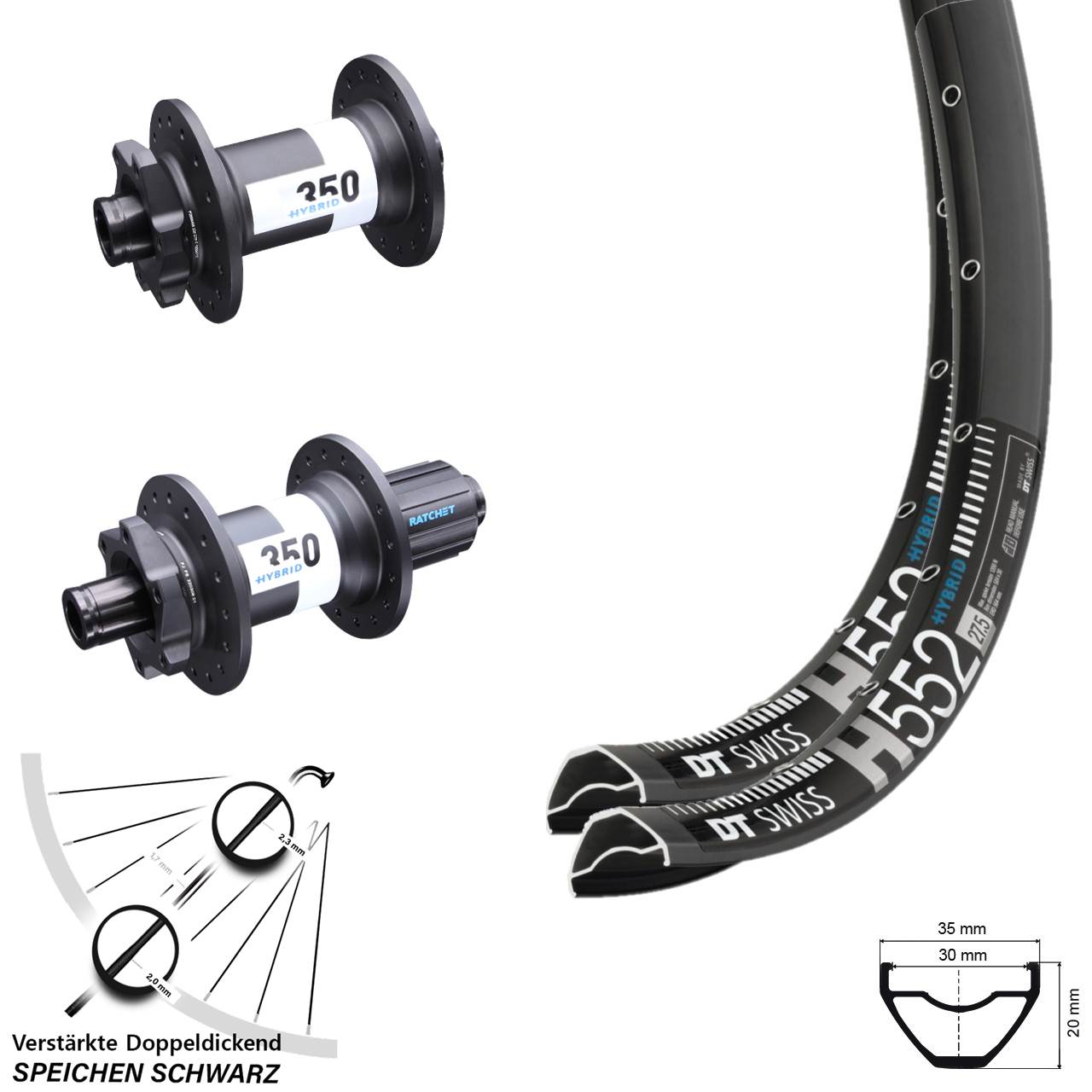 29 Zoll DT Swiss H 552-350 Hybrid Disc Laufrad-Satz 15x110 12x148 8-11 fach