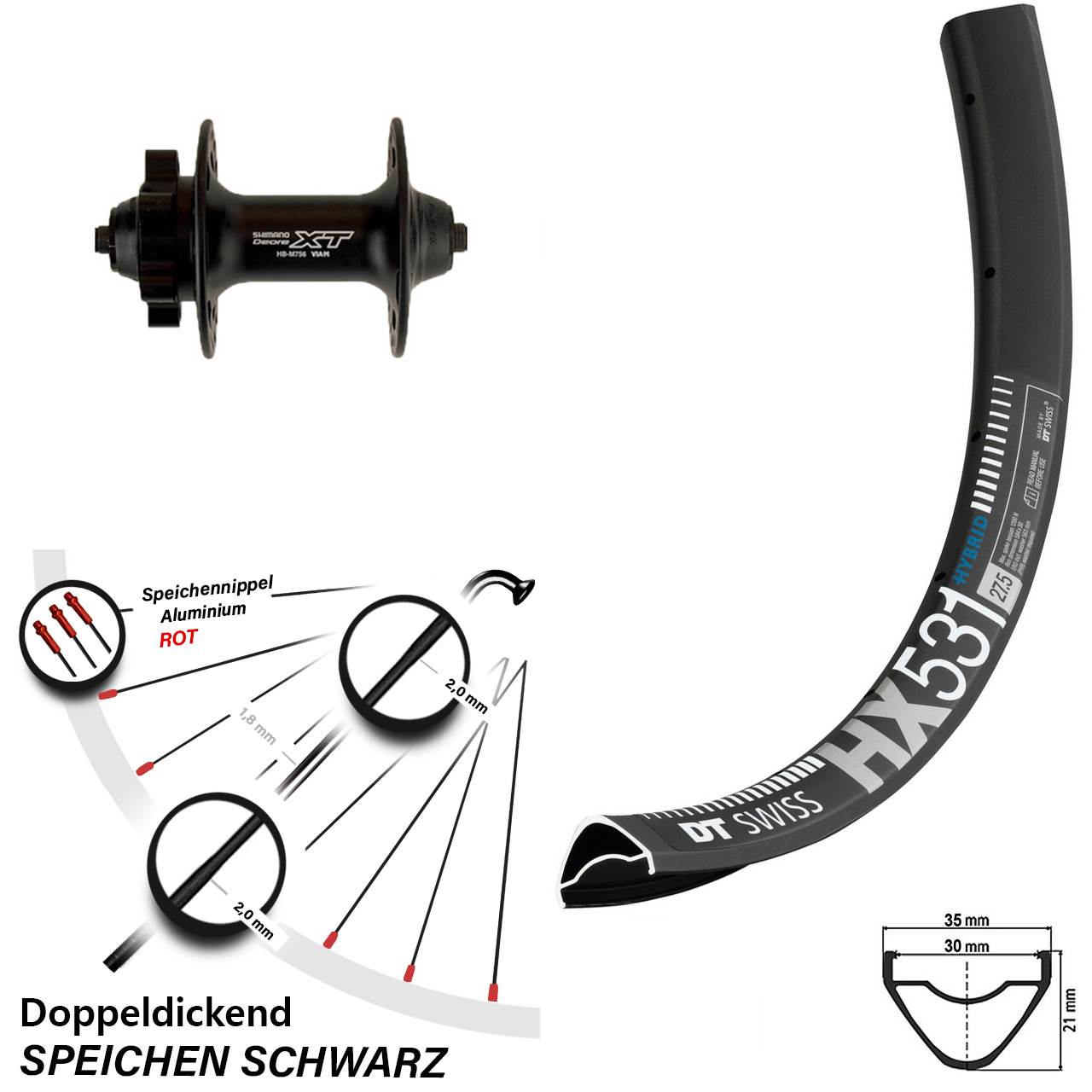 DT Swiss HX531 Shimano Deore XT Vorderrad 6-Loch für Schnellspanner