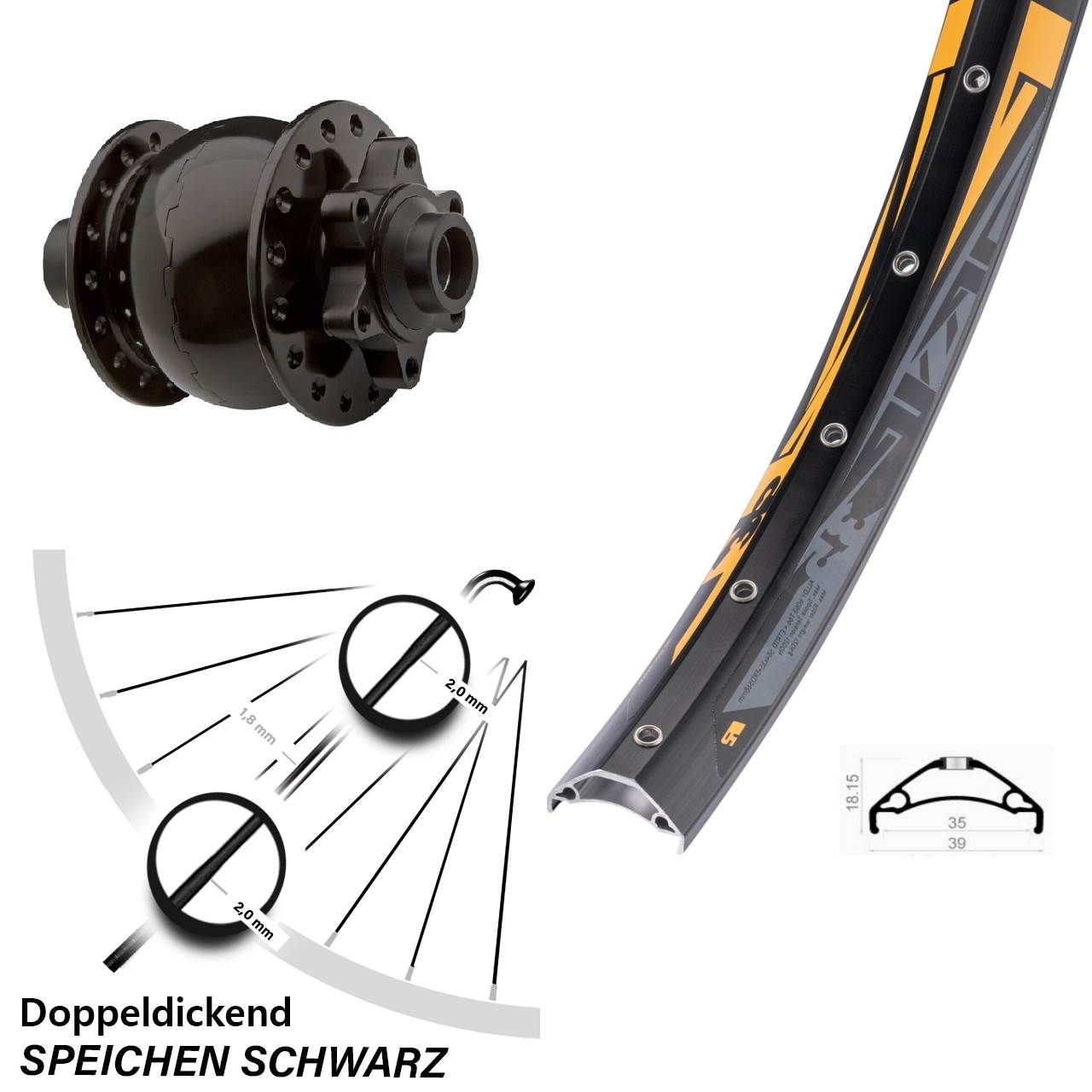 27,5 Zoll Rodi TRYP 35 SON 28 Dynamo-Vorderrad 6-Loch 15x100