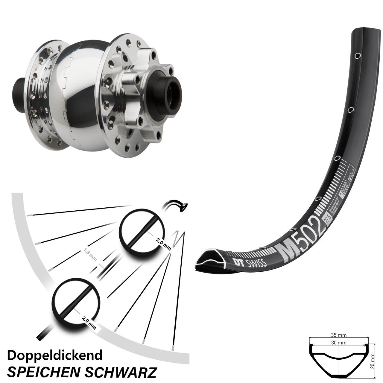 29/29+ Zoll Nabendynamo rot DT Swiss M 502 Vorderrad Son 28