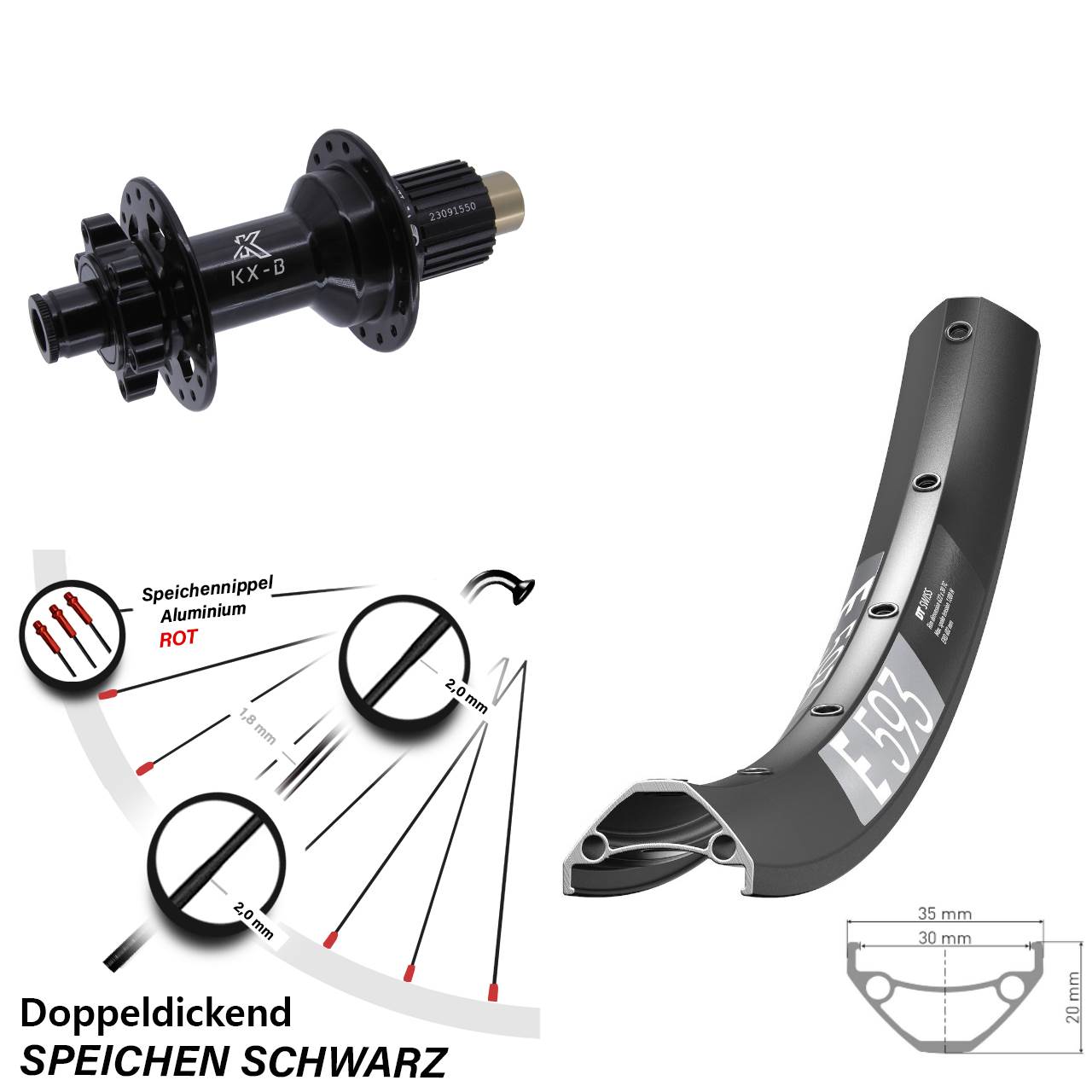 Hinterrad 27,5 Zoll DT Swiss E593 KX-B 6-Loch Micro Spline 12x148