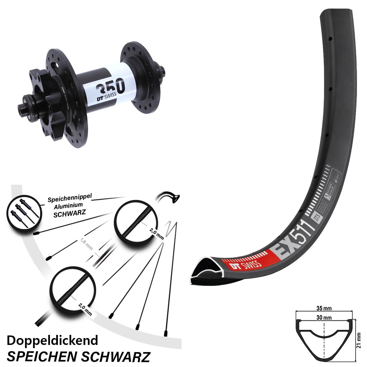 Vorderrad DT Swiss EX 511-350 27,5 Zoll 6-Loch QR