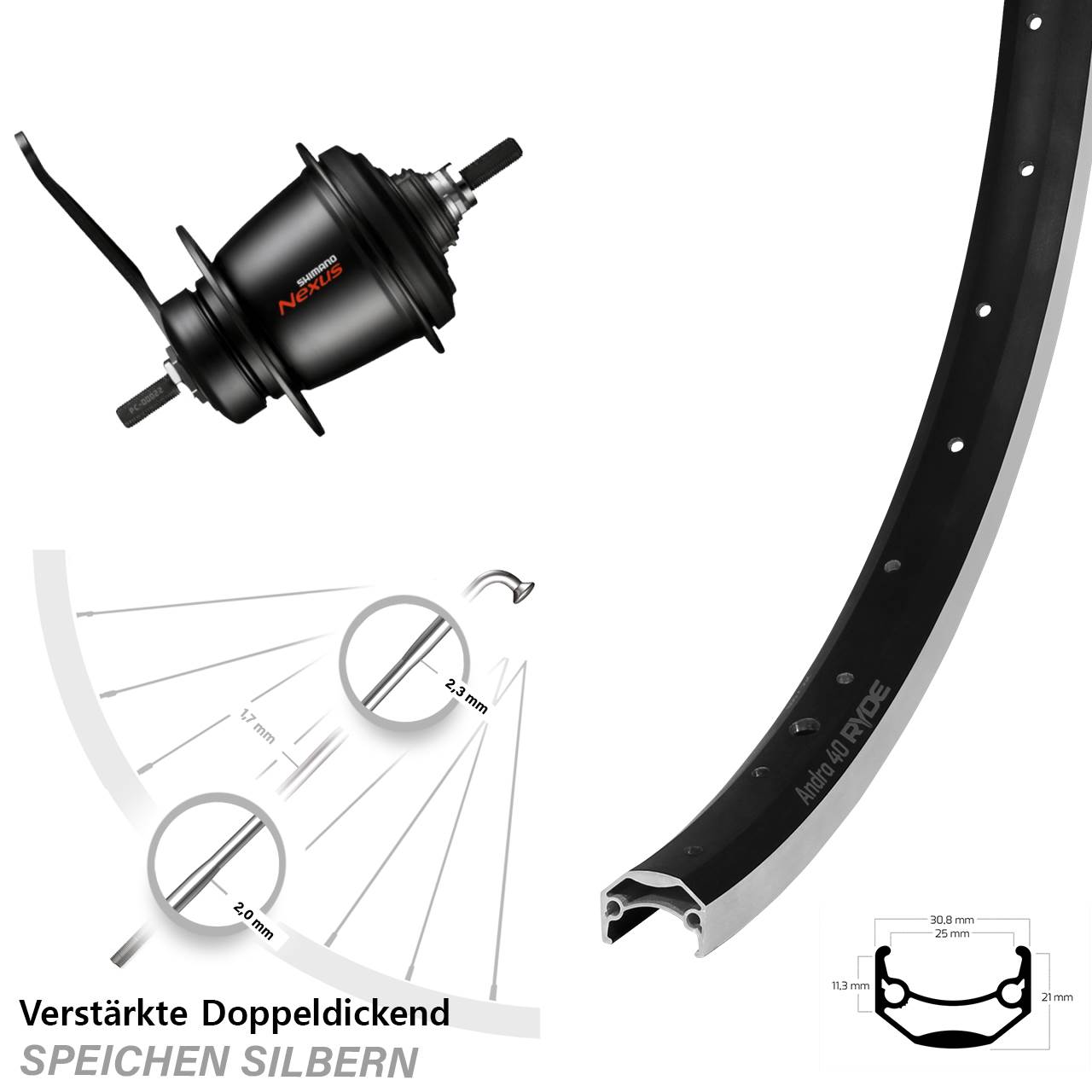 Hinterrad Ryde Andra 40 20 Zoll Shimano Nexus SG-C3001 7 Gang Rücktritt