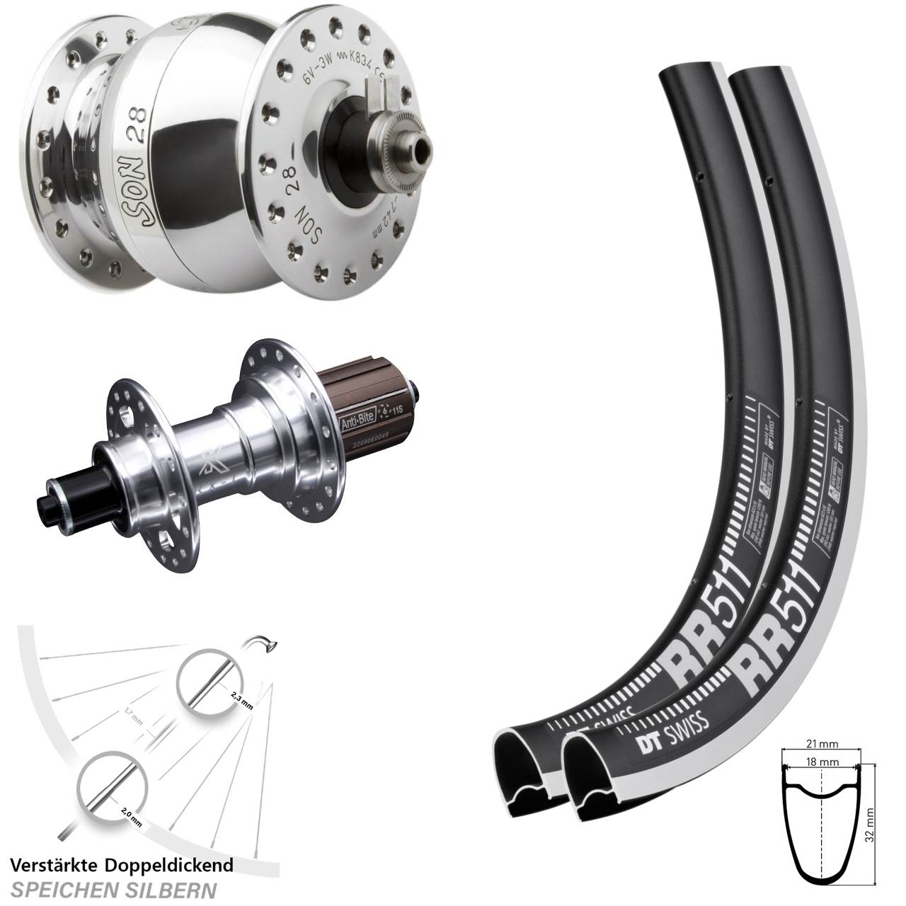DT Swiss RR 511 Laufradsatz SON 28 Zoll KX-T 8-12 fach HG poliert