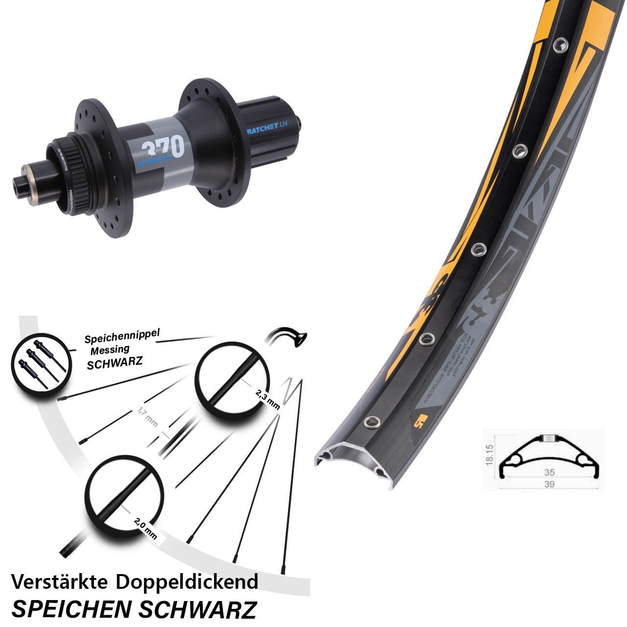 27,5 Zoll Rodi TRYP 35 DT Swiss 370 Hybrid Hinterrad Centerlock für Schnellsp. 8-11 fach