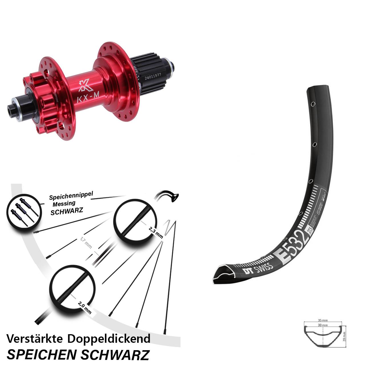 29 Zoll DT Swiss E 532 KX-M rot Hinterrad 6-Loch QR Micro Spline