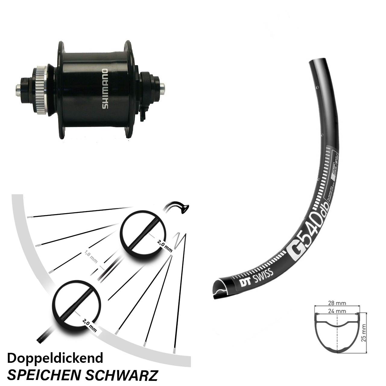 27,5 Zoll DT Swiss G540 Shimano DH-UR700 Disc Nabendynamovorderrad für Schnellspanner