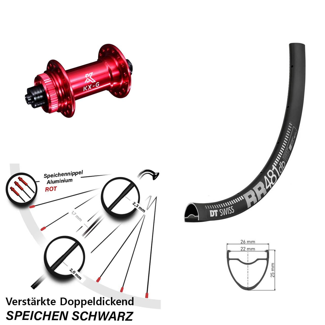 Vorderrad 28 Zoll DT Swiss RR 481 DB Disc verstärkt KX-G rot 5x100