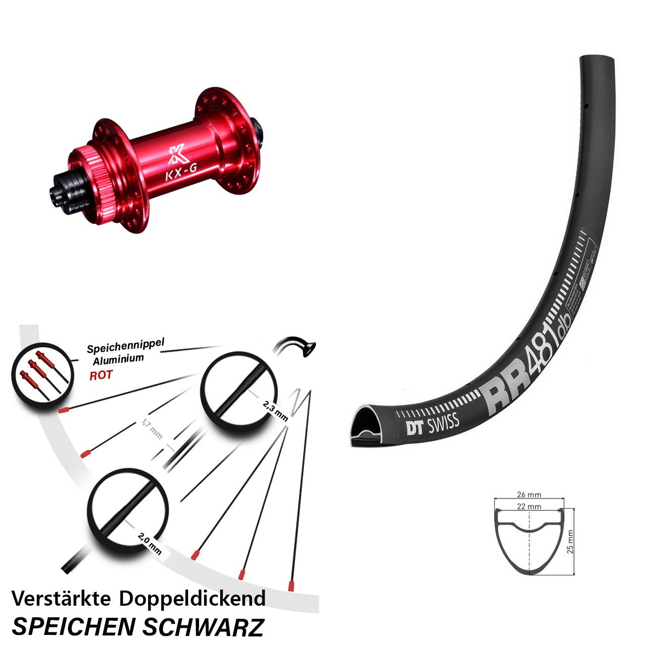 Vorderrad 28 Zoll DT Swiss RR 481 DB Disc verstärkt KX-G rot 5x100