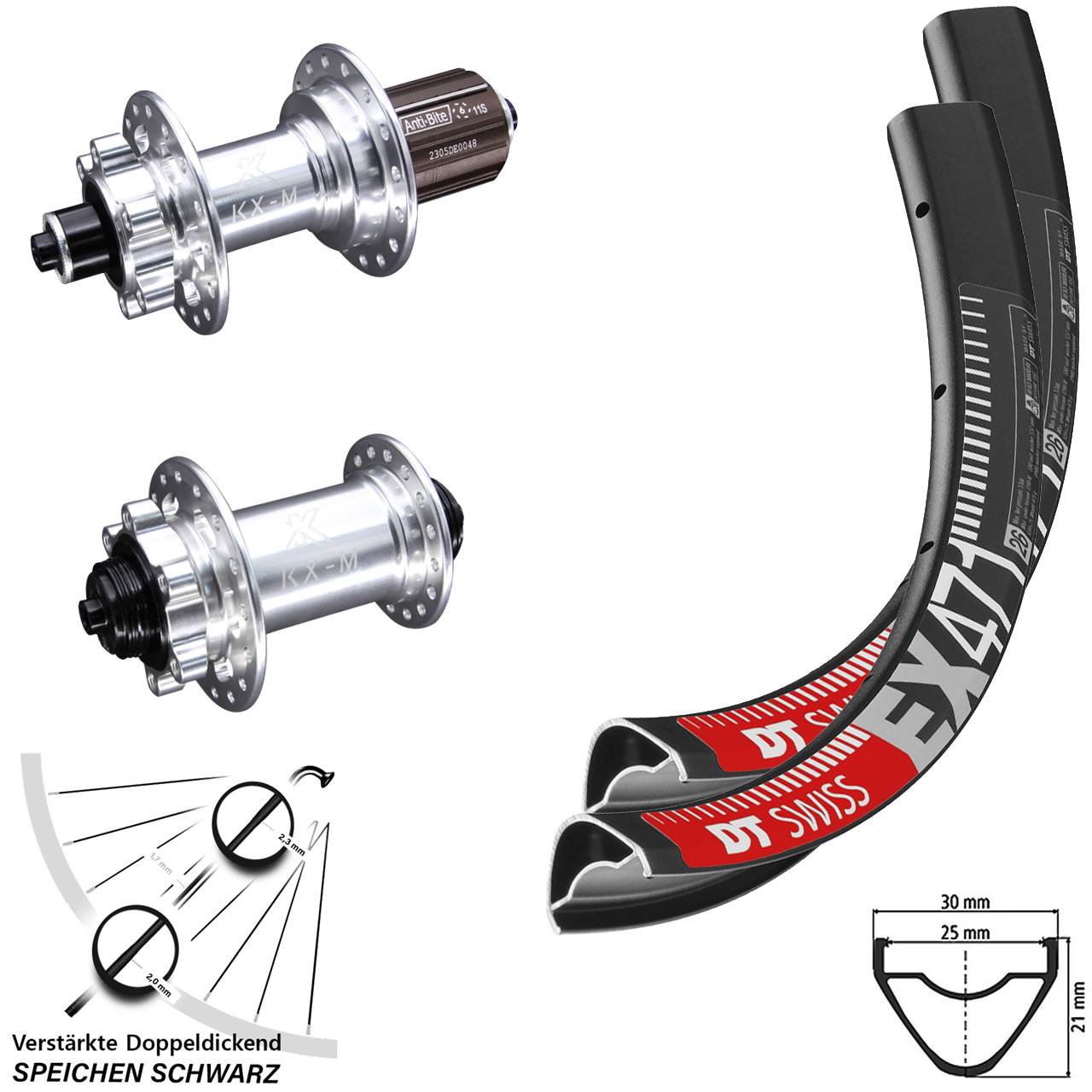26 Zoll DT Swiss EX471 KX-M 6-Loch Laufradsatz für Schnellspanner 8-12 fach