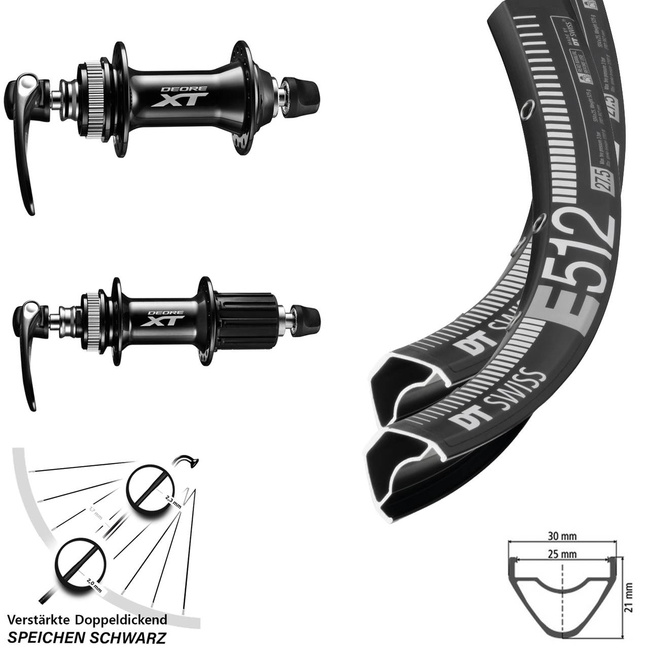 27,5 Zoll DT Swiss E512 Shimano FH-M8000 HB-M8000 Disc Laufrad-Satz QR 8-11 fach HG