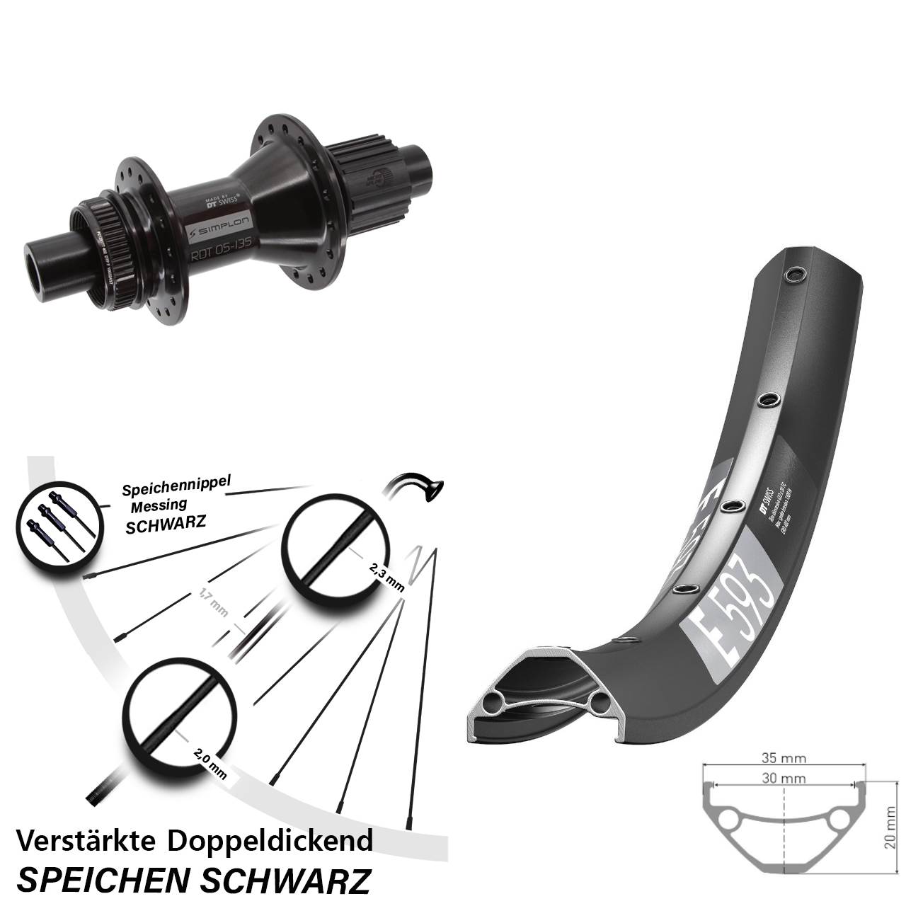 29 Zoll DT Swiss E 593 DT Swiss 370 Hybrid Disc Laufrad 12x142 Micro Spline