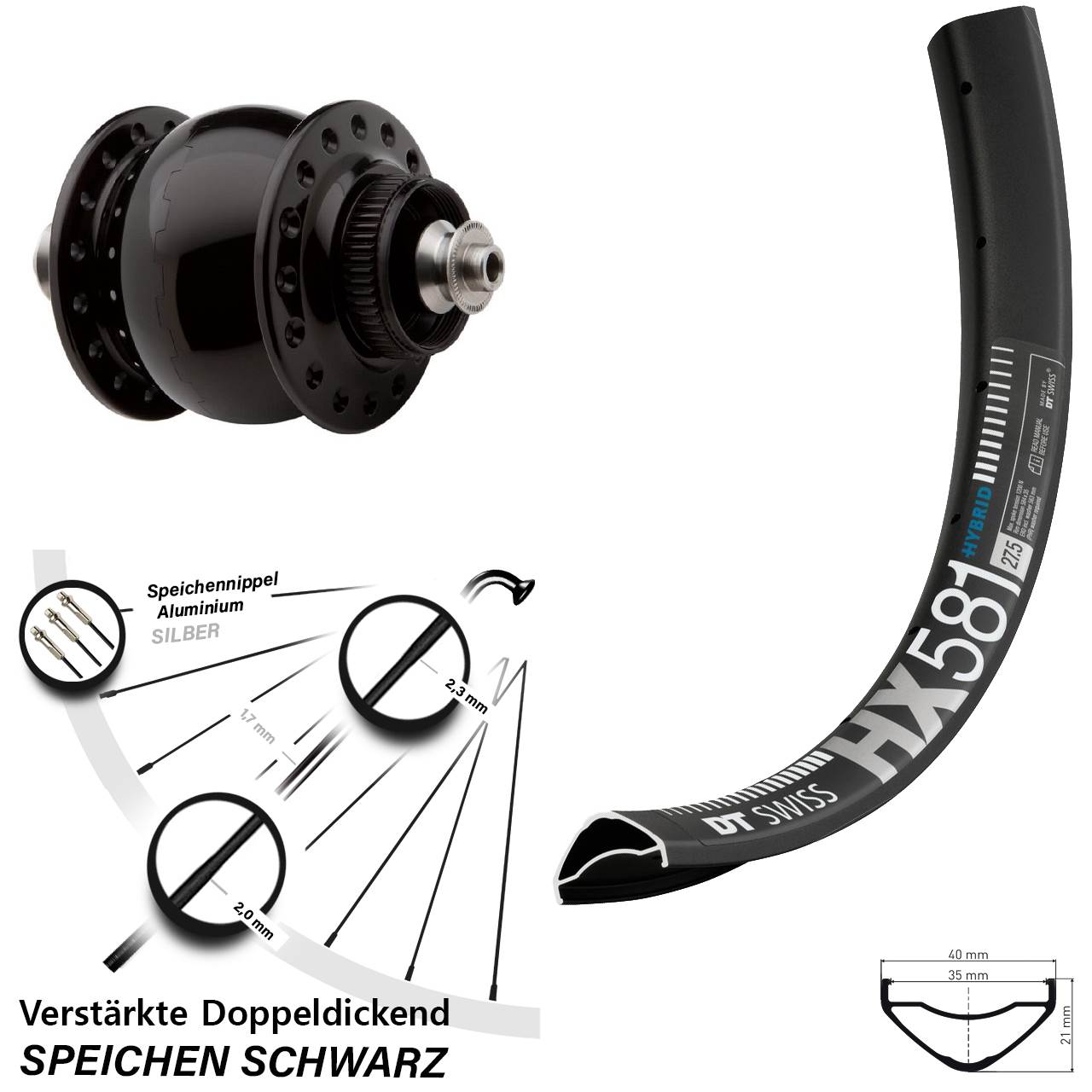 Disc Nabendynamovorderrad 27,5 Zoll DT Swiss HX581 SON 28 für Schnellspanner