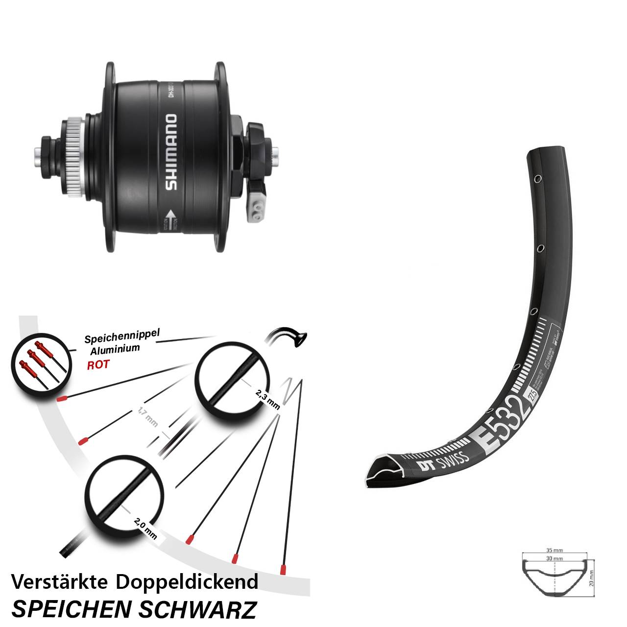 Nabendynamo-Vorderrad Centerlock 29 Zoll DT Swiss E532 Shimano DH-3D37 für Schnellspanner