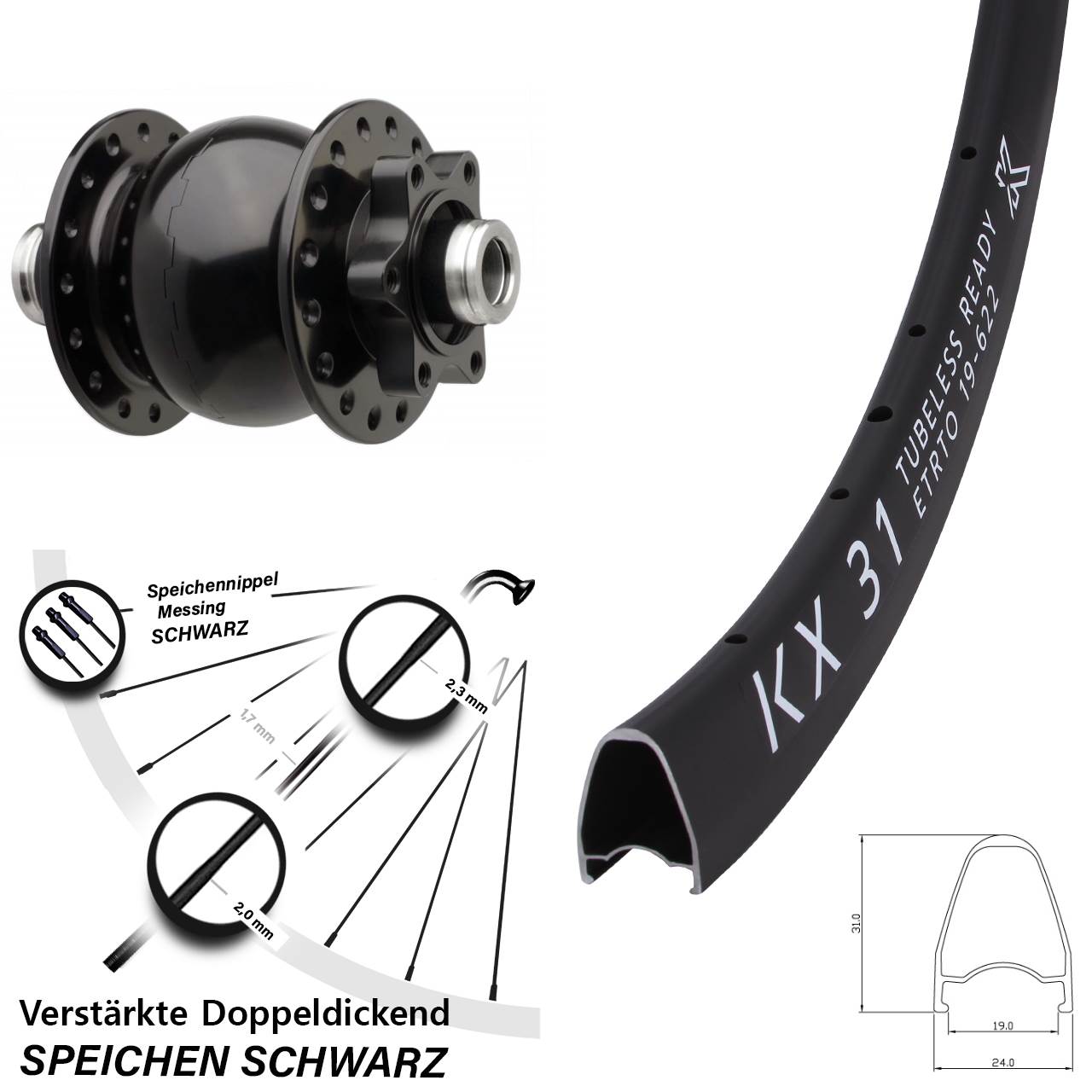 28 Zoll KX31 SON 28 Dynamo-Vorderrad 6-Loch 12x110 Boost