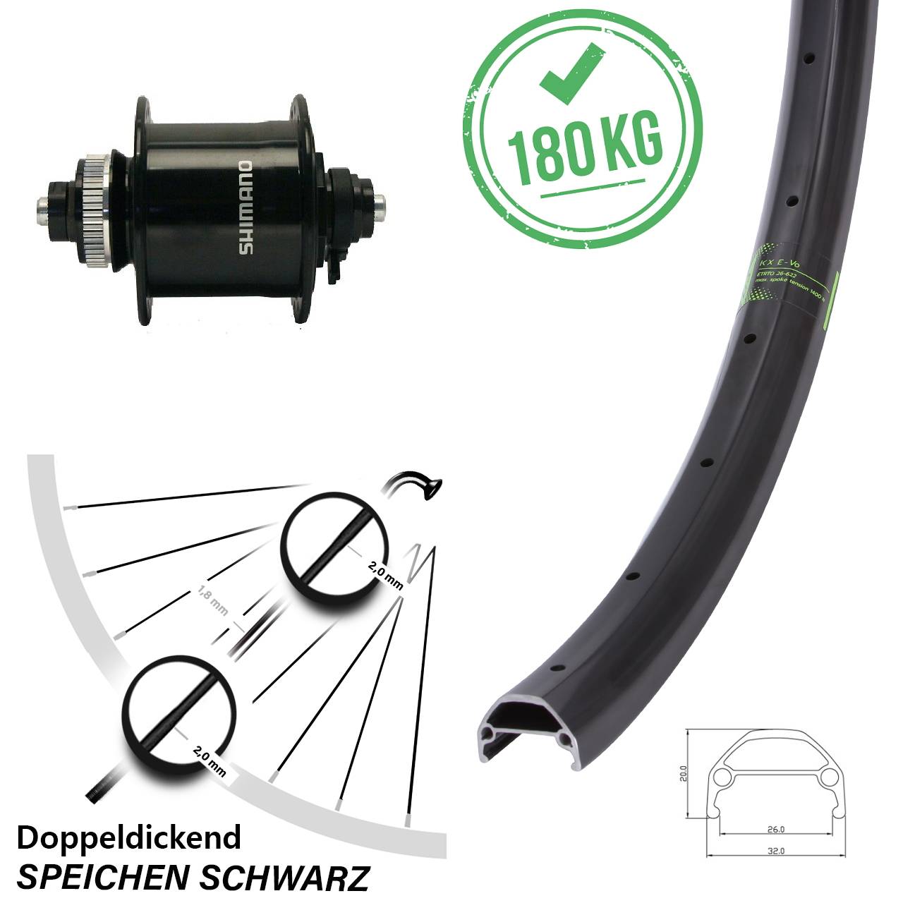 Vorderrad mit Nabendynamo Shimano DH-UR700 KX Evo 26 Zoll