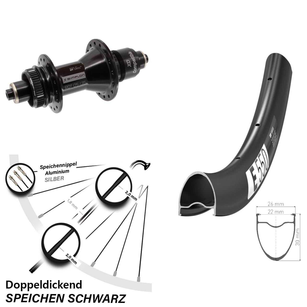 DT Swiss E550-370 28 Zoll Centerlock Hinterrad für Schnellspanner XD