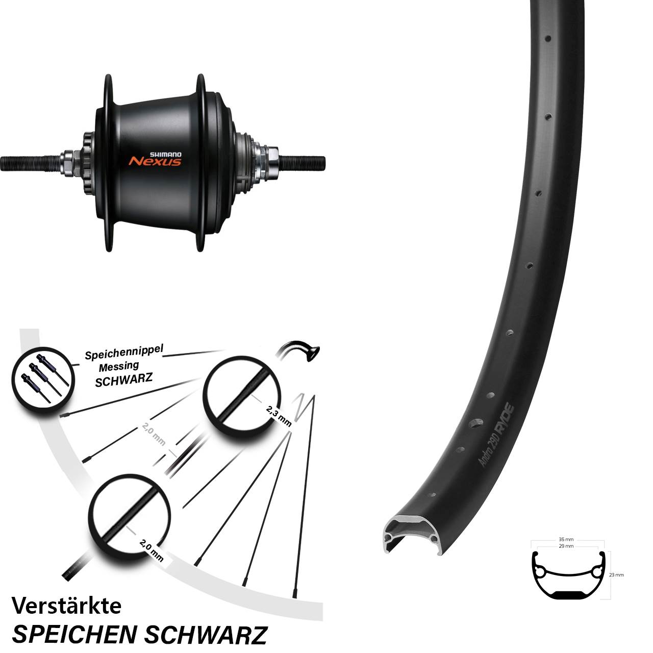 26 Zoll Hinterrad Ryde Andra 29 Shimano 7 Gang SG-C3001 für Rollenbremse