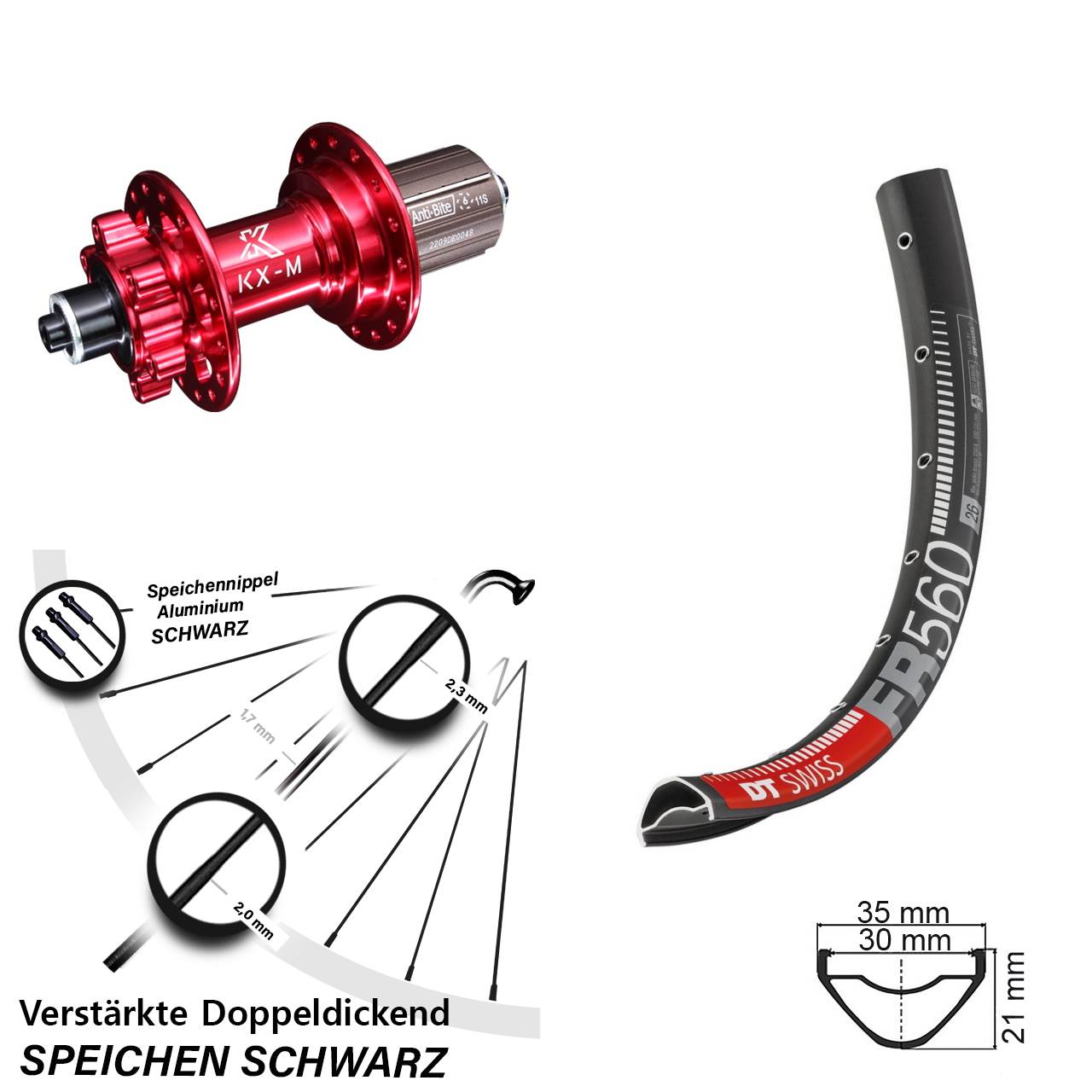 DT Swiss FR 560 KX-M rot 26 Zoll Disc Hinterrad QR 8-12 fach HG