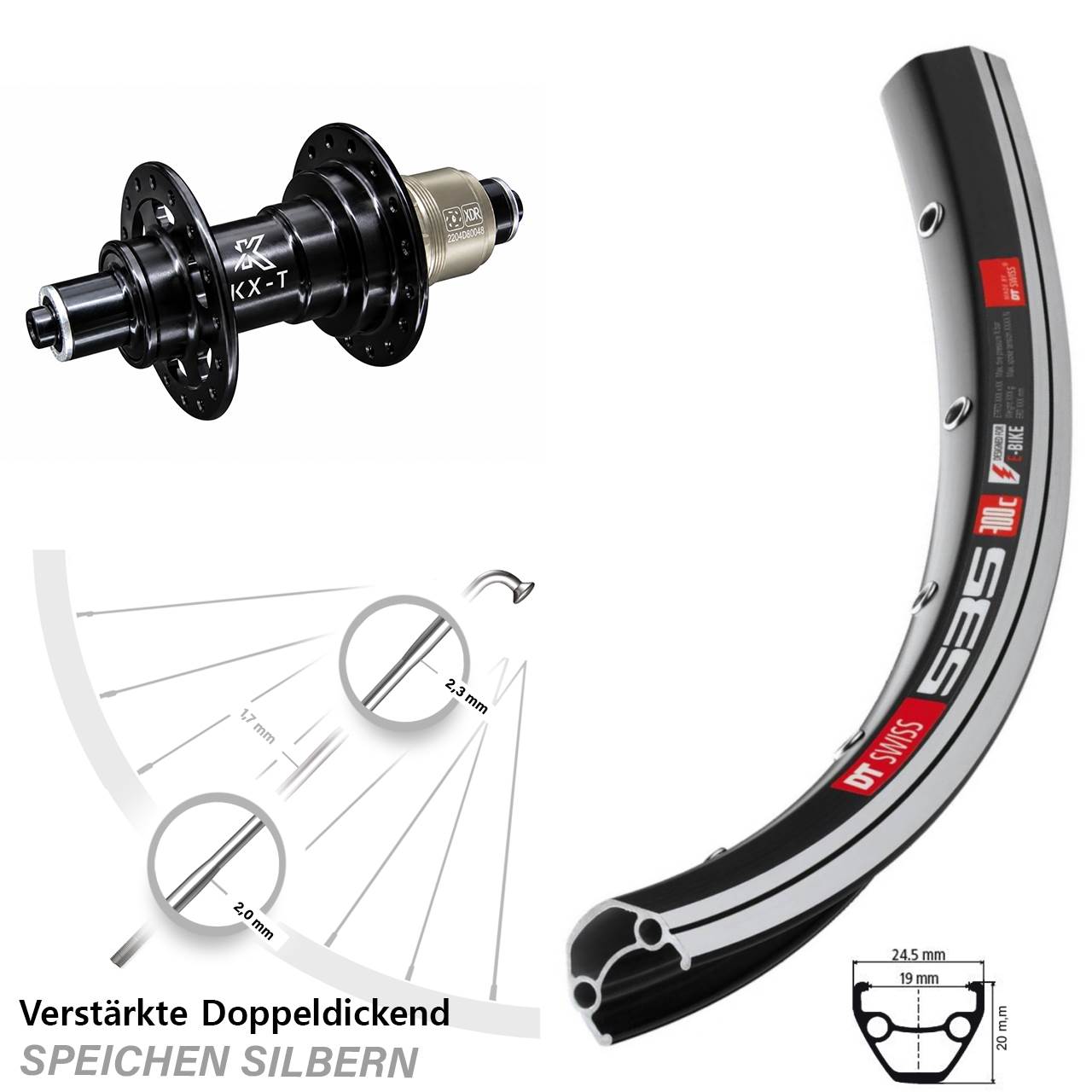 verstärktes Hinterrad 28 Zoll DT Swiss 535 schwarz KX-T 5x135 mm Sram XD