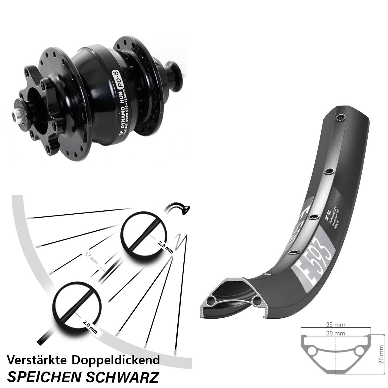 Disc Nabendynamolaufrad QR 650B DT Swiss E593 Shutter PD-8