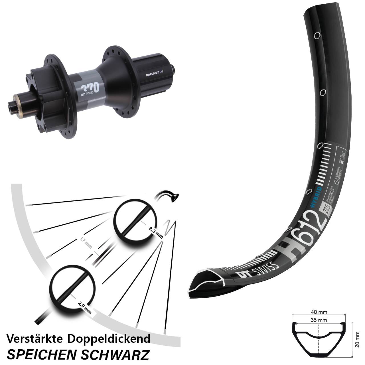 DT Swiss H 612-370 27,5 Zoll Disc Laufrad für Schnellspanner Boost 8-11 fach