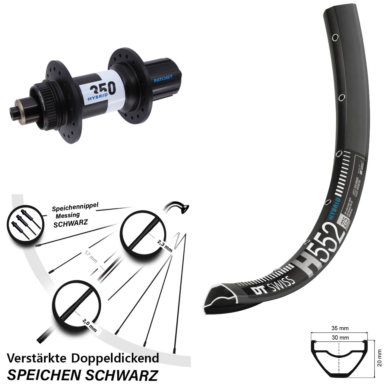 Hinterrad Centerlock für Schnellsp. 27,5 Zoll DT Swiss H 552-350 Hybrid 8-11 fach