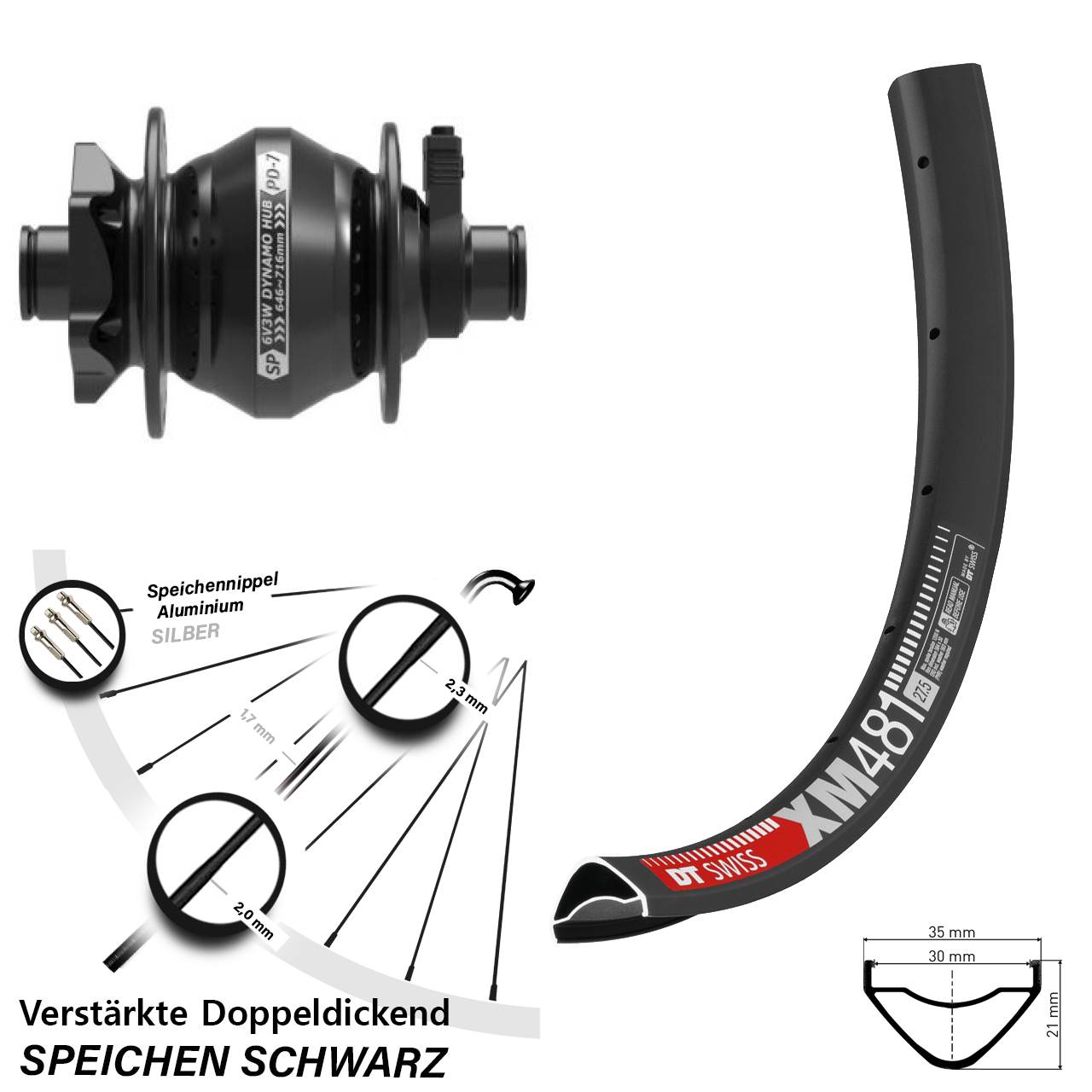 6-Loch Dynamo-Vorderrad 27,5 Zoll DT Swiss XM481 Shutter Precision PD-7 12x100