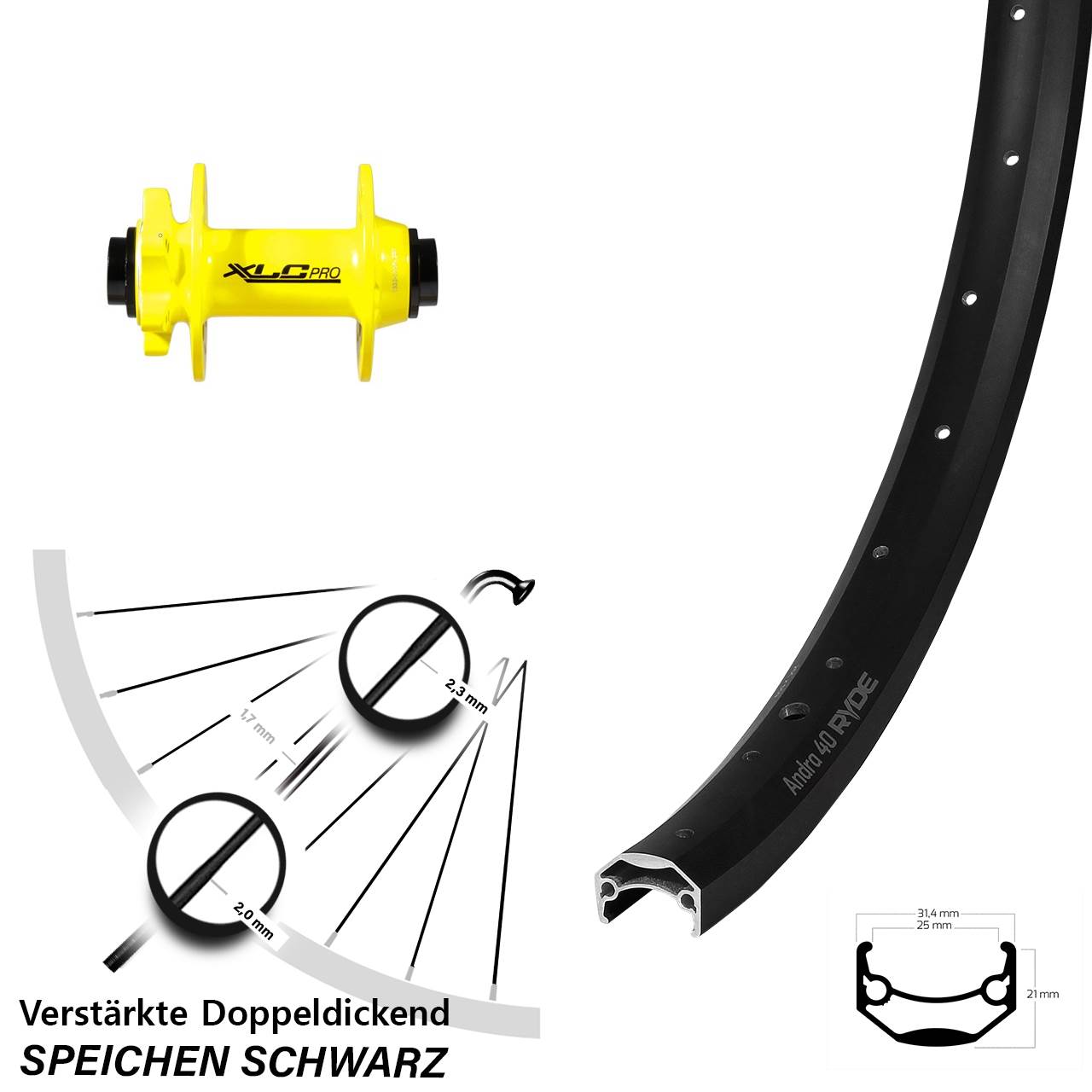 Disc Vorderrad 26 Zoll Ryde Andra 40 XLC gelb 15x100
