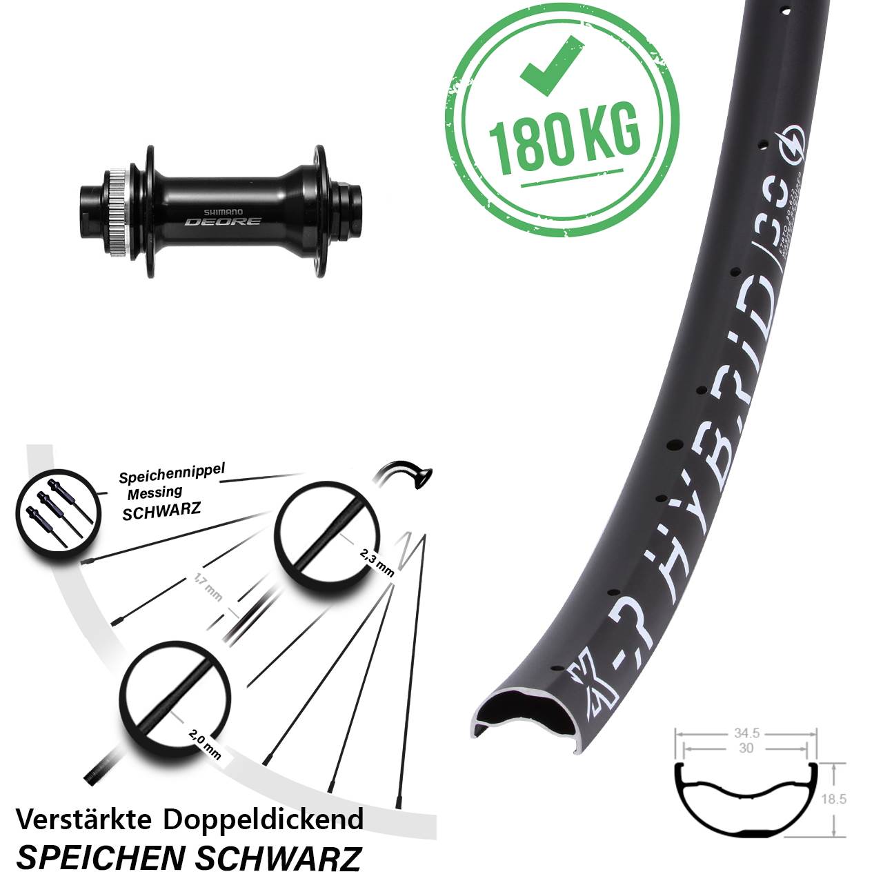 29 Zoll KX-R Hybrid 30 Shimano Deore Disc Vorderrad 15x110 Boost