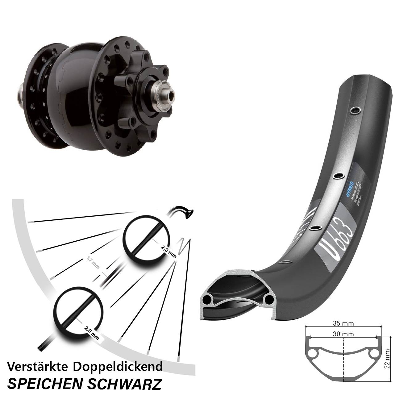 Nabendynamovorderrad 6-Loch QR 26 Zoll DT Swiss U663 SON 28
