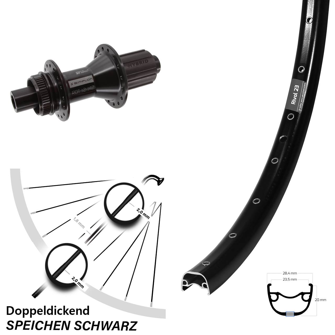 Centerlock Hinterrad 27,5 Zoll Ryde Rival 23 DT Swiss 370 Hybrid 8-11 fach 12x142