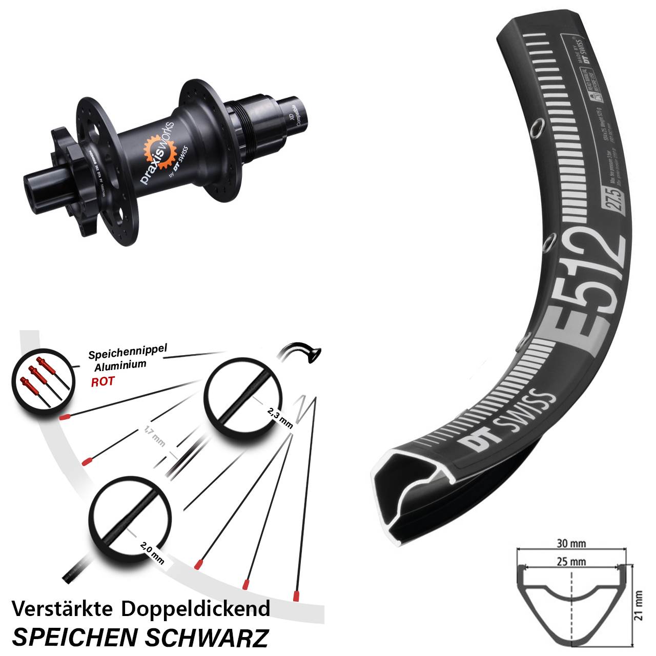 27,5 Zoll DT Swiss E512-350 Ratchet 36 Hinterrad 12x142 Disc Sram XD 11-12 fach