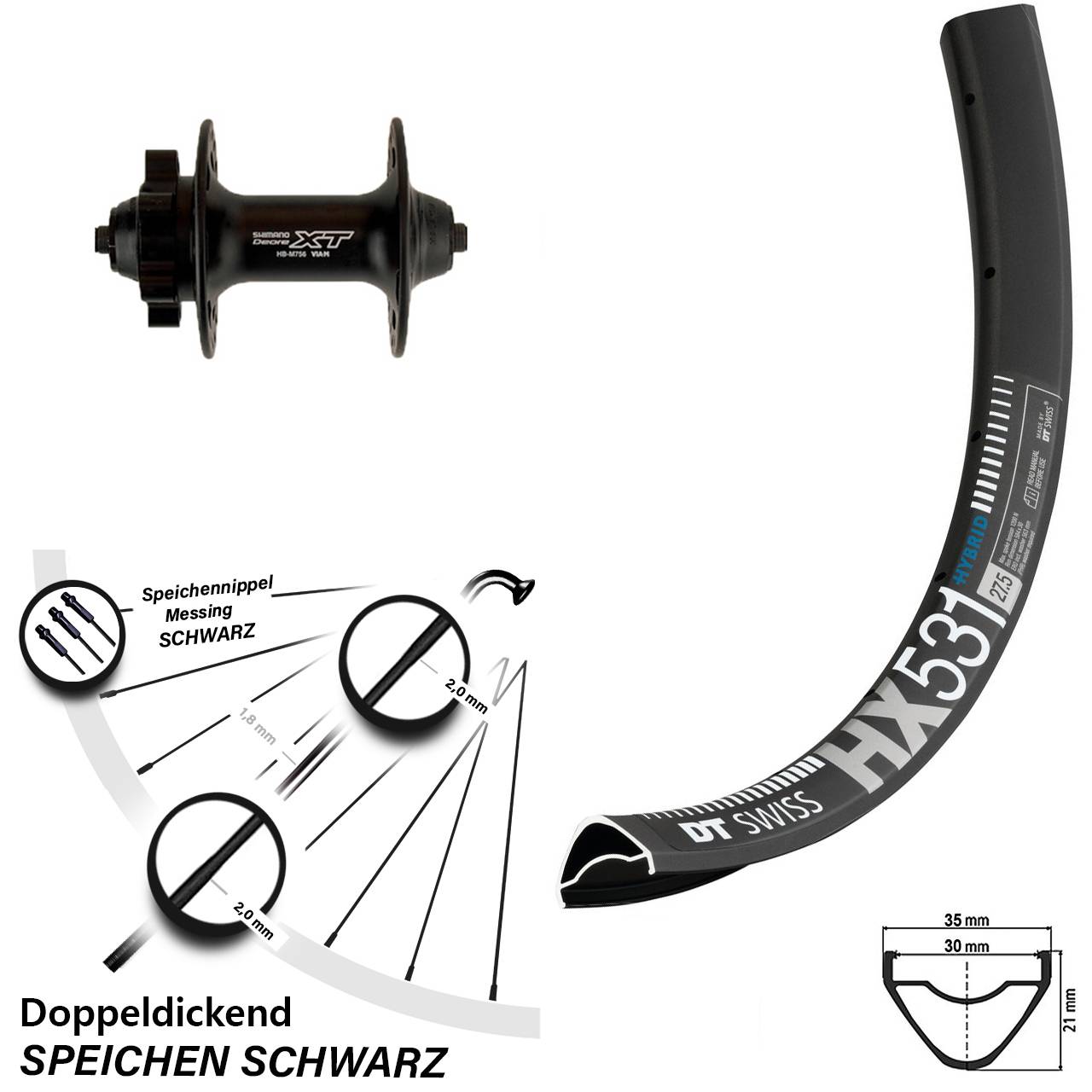 DT Swiss HX531 Shimano Deore XT Vorderrad 6-Loch für Schnellspanner