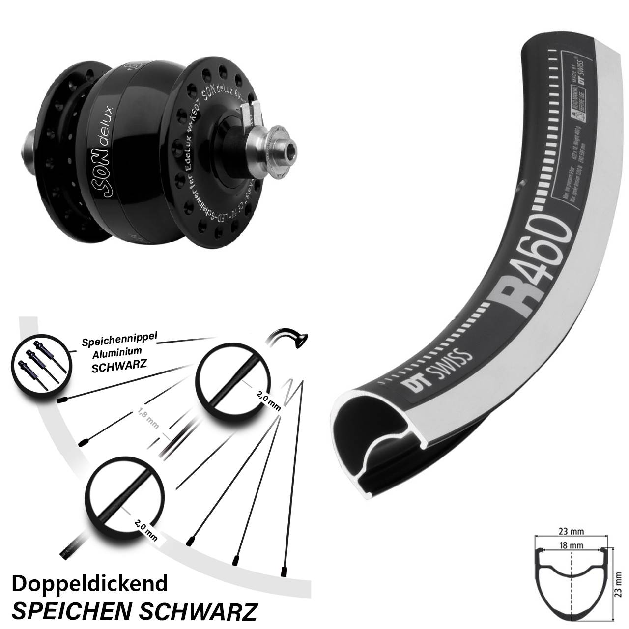 SON delux Rennrad Vorderrad 28 Zoll DT Swiss R 460 5x100 schwarz
