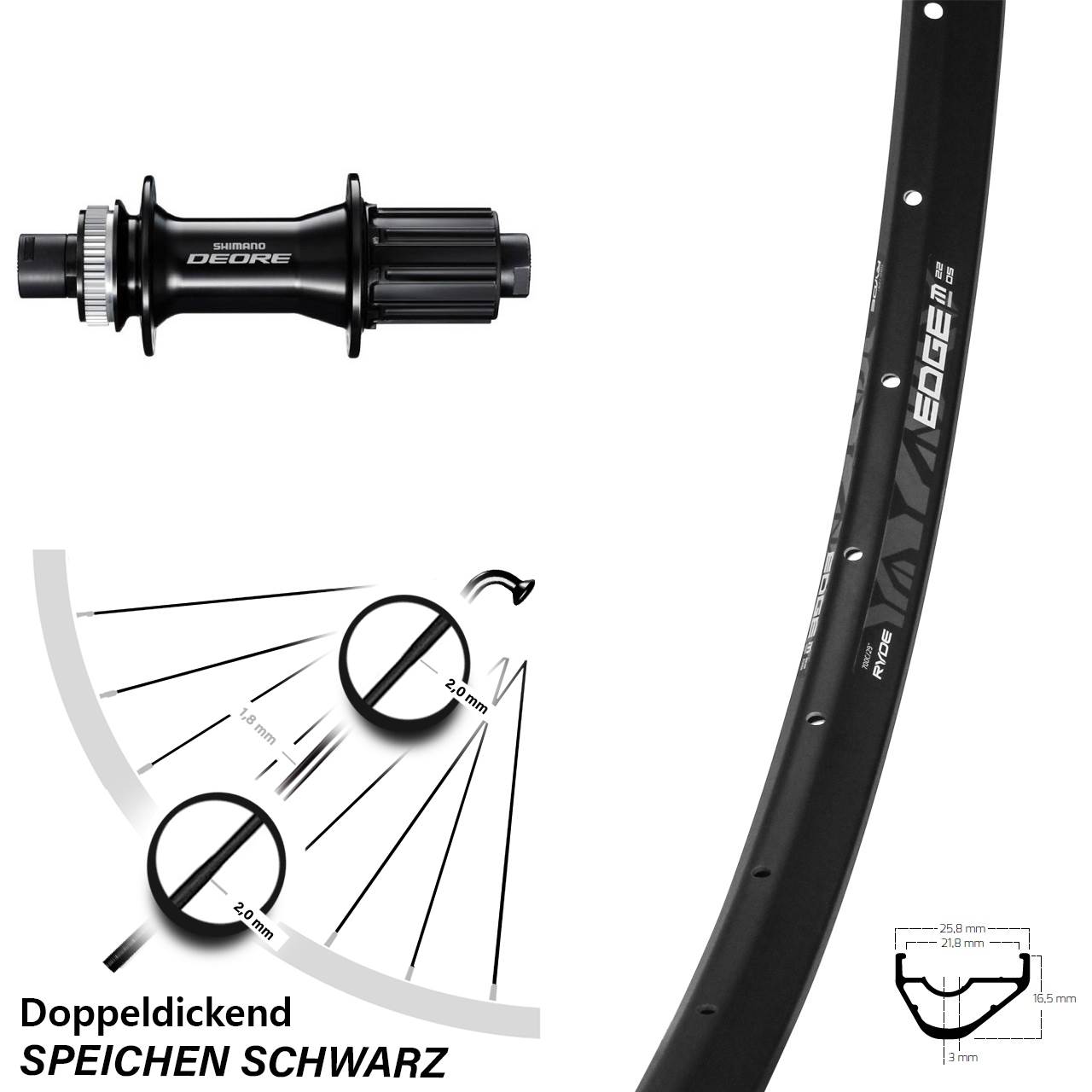 Hinterrad Centerlock 29 Zoll Ryde Edge M22 Shimano Deore 8-11 fach 12x148
