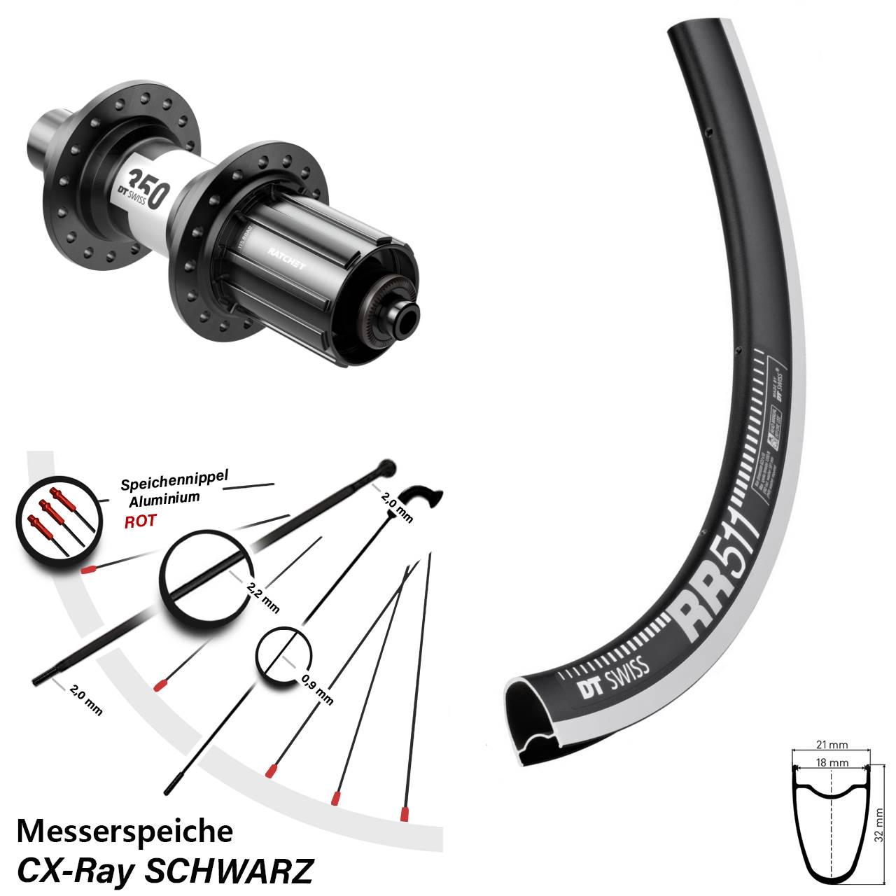 DT Swiss RR 511-350 Hinterrad 28 Zoll 5x130 Shimano 11-12 fach Rennrad CX Ray
