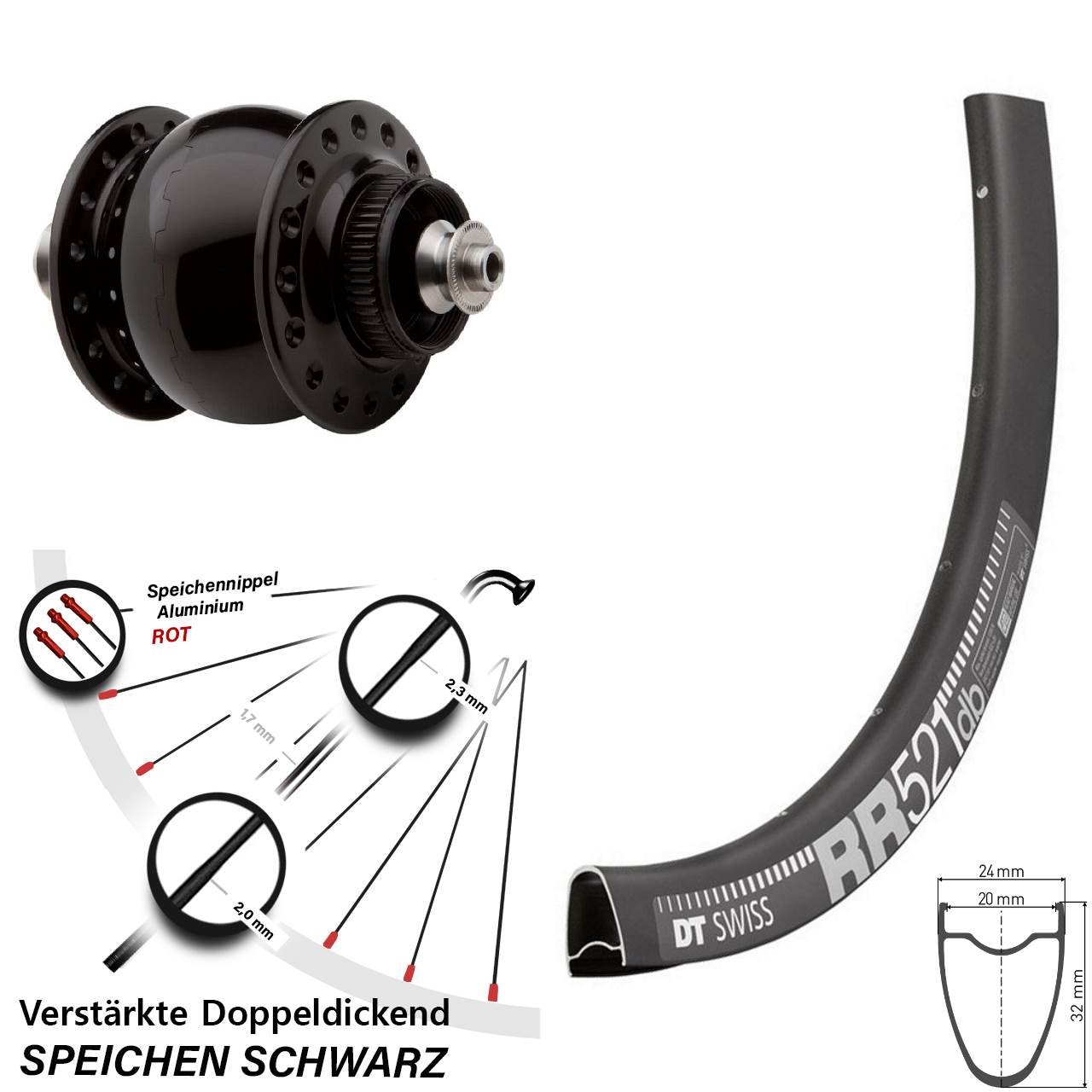 Disc Nabendynamovorderrad DT Swiss RR521 SON 28 Zoll für Schnellspanner
